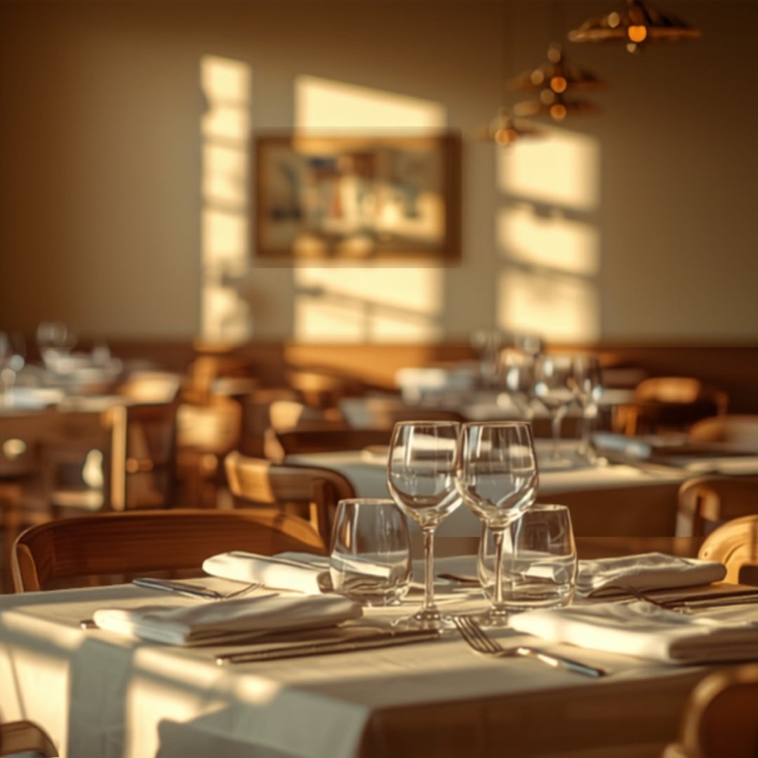 Salle du restaurant vue depuis l'entrée, tables dressées