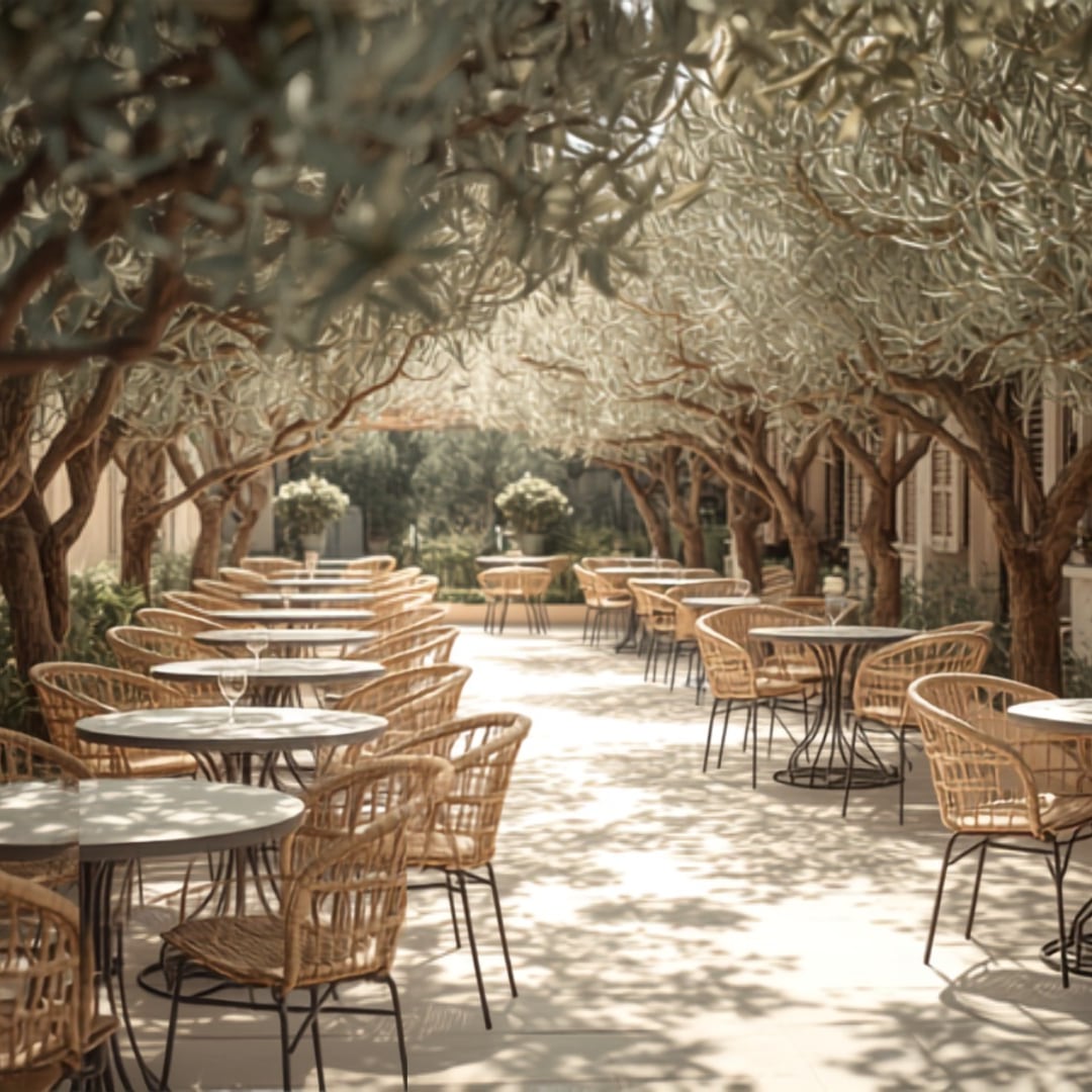 Terrasse ombragée sur la place, tables en terrasse
